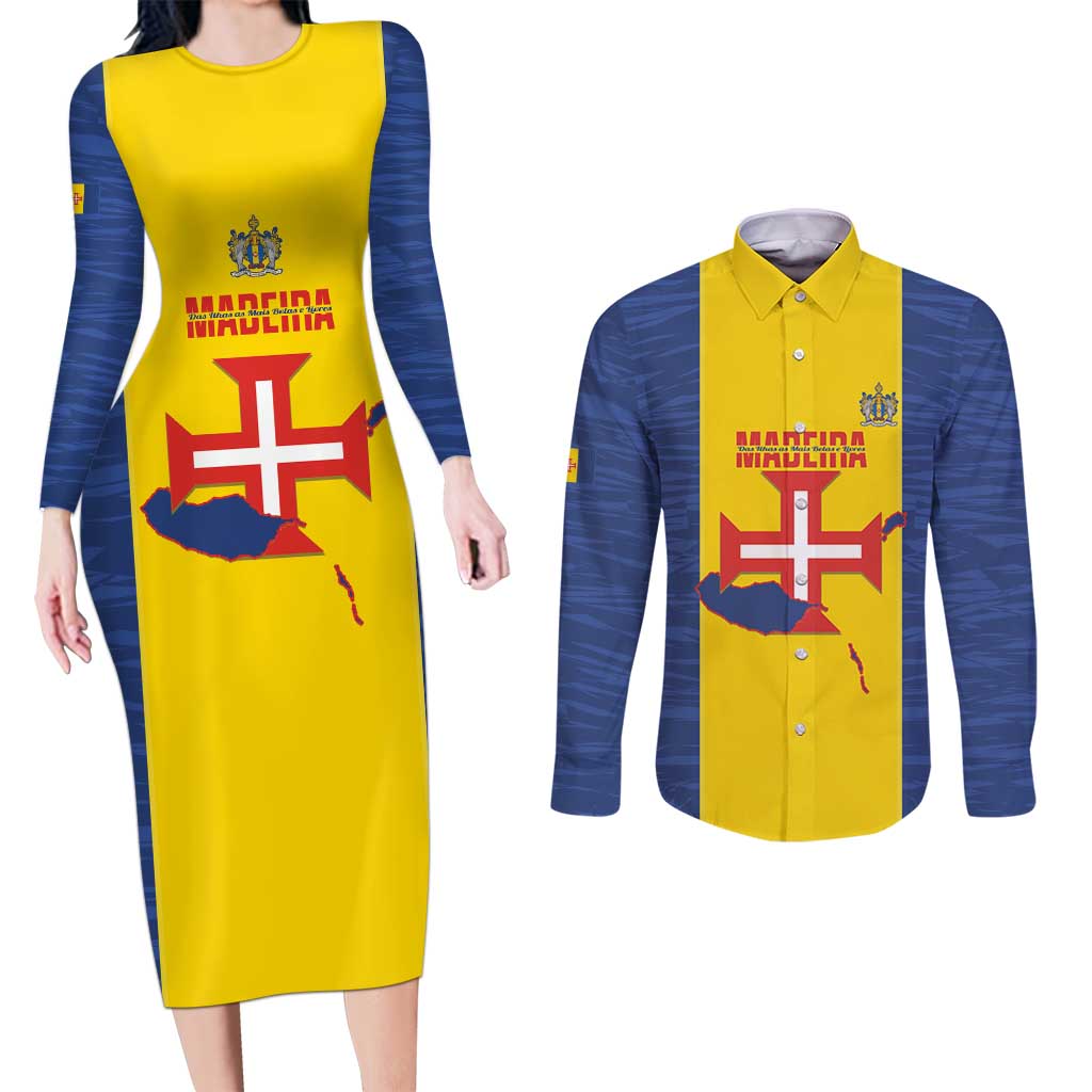 Maderia Day Couples Matching Long Sleeve Bodycon Dress and Long Sleeve Button Shirt Pearl of the Atlantic Flag Style - Wonder Print Shop