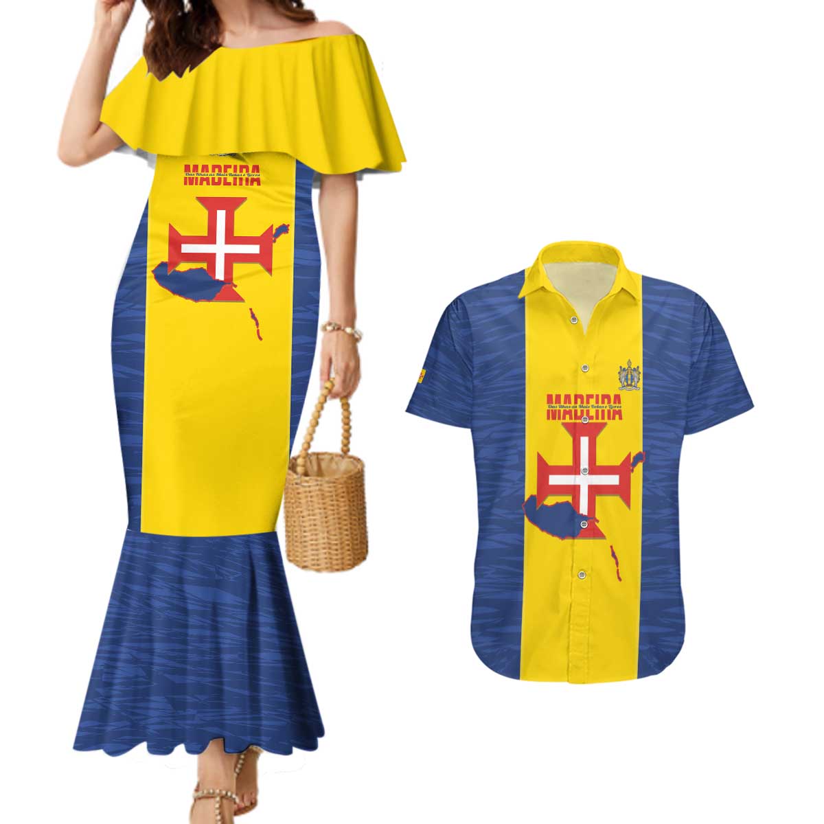 Maderia Day Couples Matching Mermaid Dress and Hawaiian Shirt Pearl of the Atlantic Flag Style - Wonder Print Shop