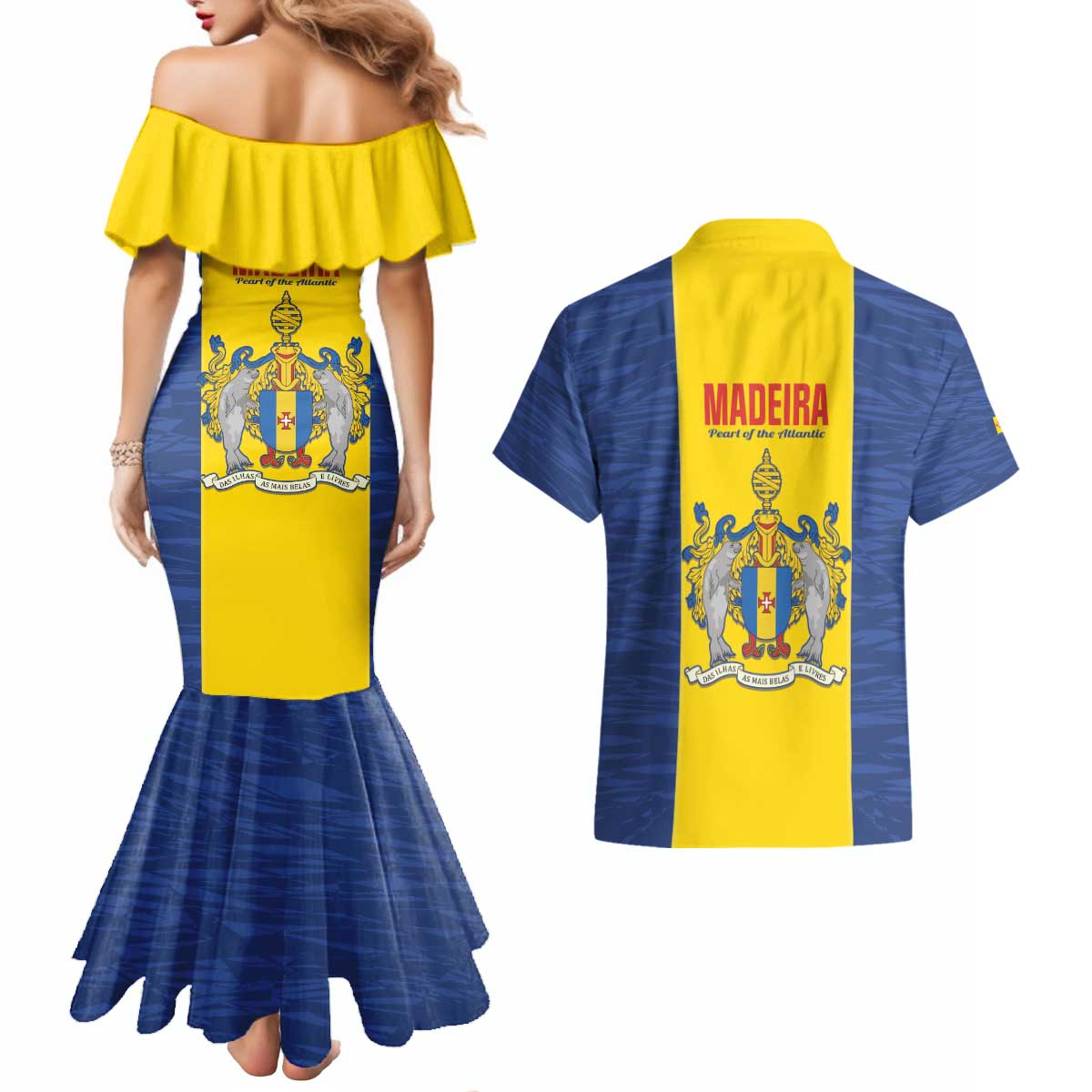 Maderia Day Couples Matching Mermaid Dress and Hawaiian Shirt Pearl of the Atlantic Flag Style - Wonder Print Shop