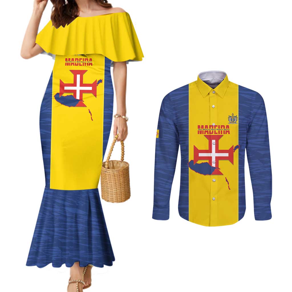 Maderia Day Couples Matching Mermaid Dress and Long Sleeve Button Shirt Pearl of the Atlantic Flag Style - Wonder Print Shop
