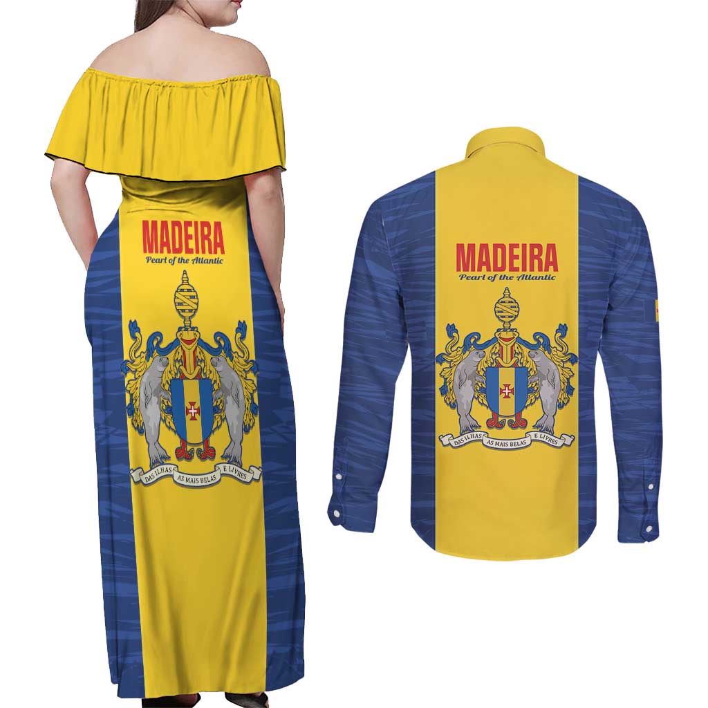 Maderia Day Couples Matching Off Shoulder Maxi Dress and Long Sleeve Button Shirt Pearl of the Atlantic Flag Style - Wonder Print Shop