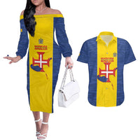 Maderia Day Couples Matching Off The Shoulder Long Sleeve Dress and Hawaiian Shirt Pearl of the Atlantic Flag Style - Wonder Print Shop