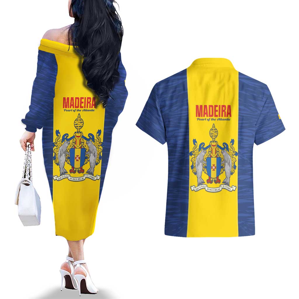 Maderia Day Couples Matching Off The Shoulder Long Sleeve Dress and Hawaiian Shirt Pearl of the Atlantic Flag Style - Wonder Print Shop