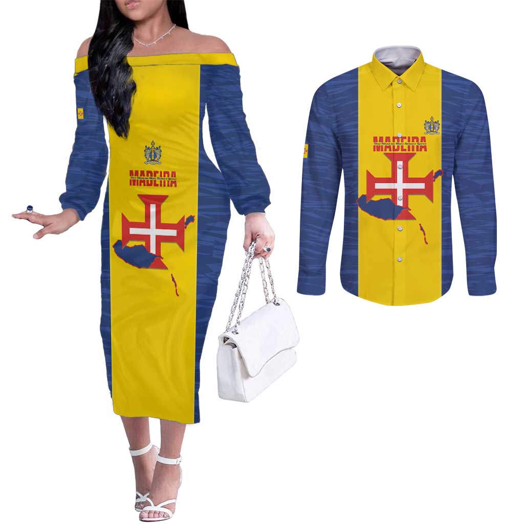 Maderia Day Couples Matching Off The Shoulder Long Sleeve Dress and Long Sleeve Button Shirt Pearl of the Atlantic Flag Style - Wonder Print Shop