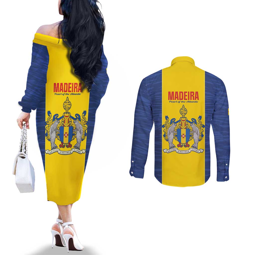 Maderia Day Couples Matching Off The Shoulder Long Sleeve Dress and Long Sleeve Button Shirt Pearl of the Atlantic Flag Style - Wonder Print Shop