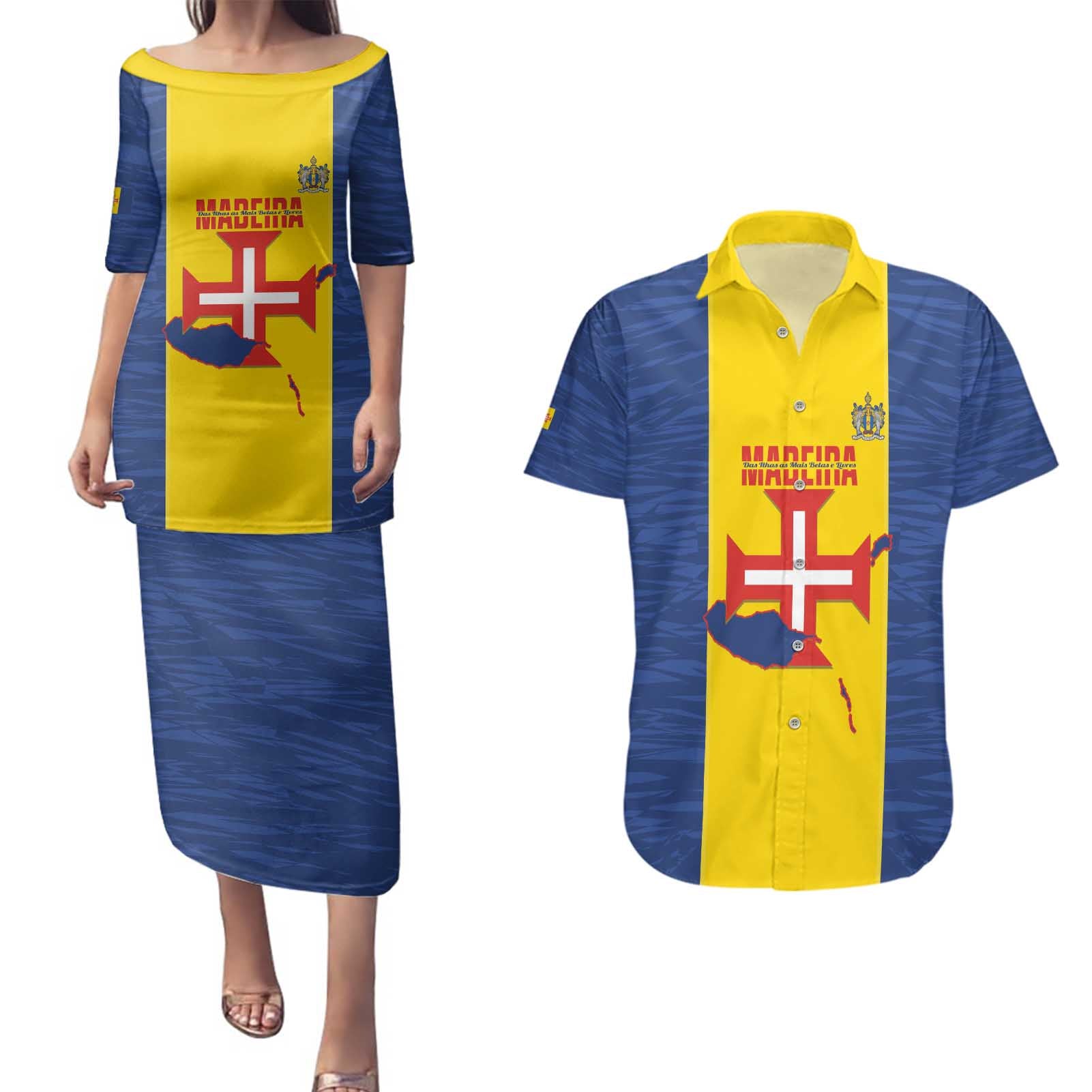 Maderia Day Couples Matching Puletasi and Hawaiian Shirt Pearl of the Atlantic Flag Style - Wonder Print Shop