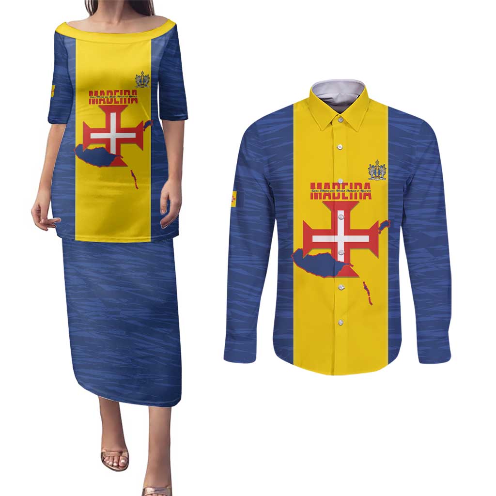 Maderia Day Couples Matching Puletasi and Long Sleeve Button Shirt Pearl of the Atlantic Flag Style - Wonder Print Shop