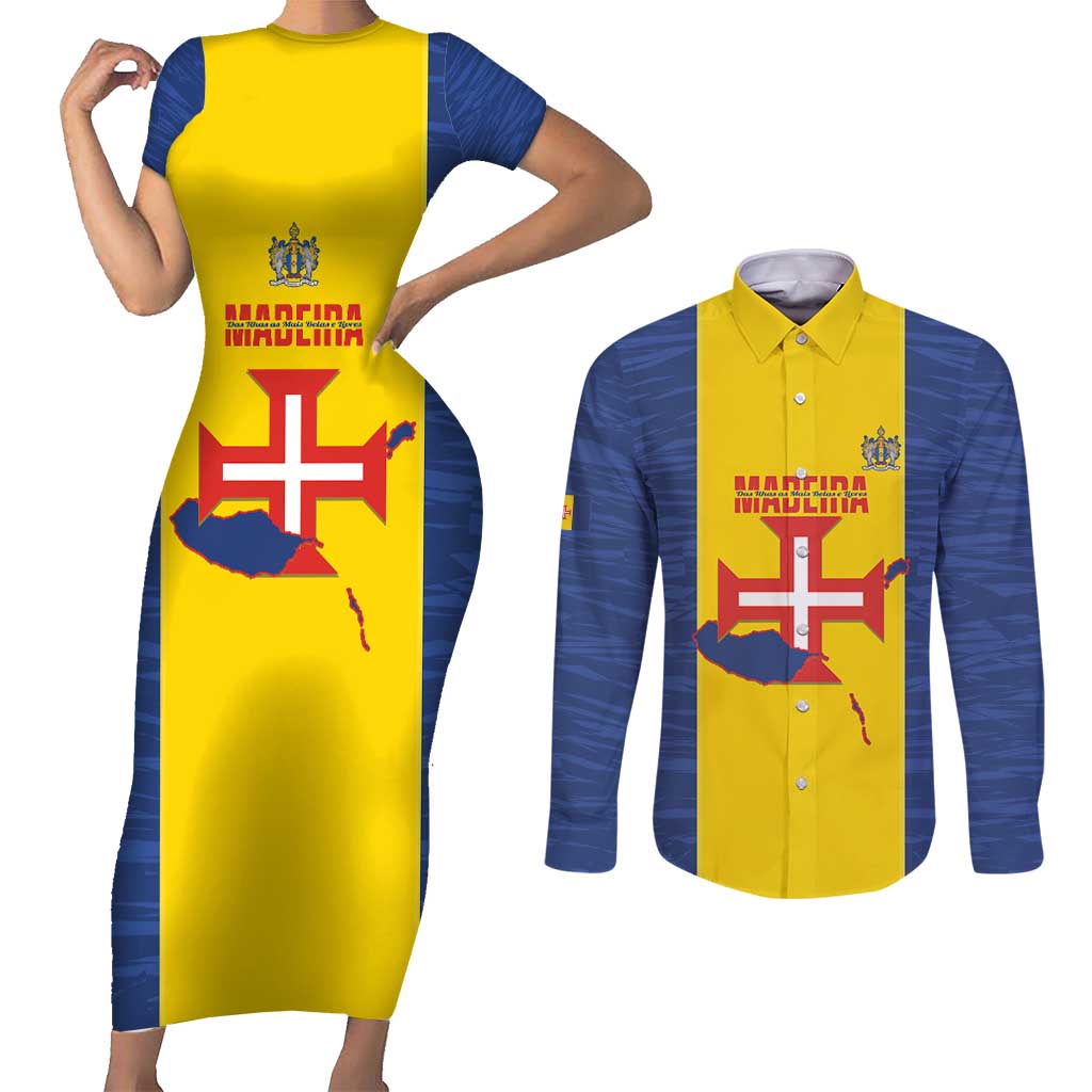 Maderia Day Couples Matching Short Sleeve Bodycon Dress and Long Sleeve Button Shirt Pearl of the Atlantic Flag Style - Wonder Print Shop