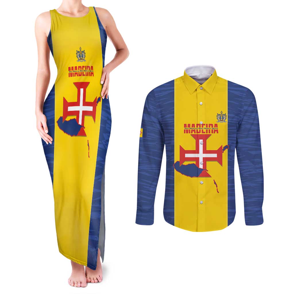 Maderia Day Couples Matching Tank Maxi Dress and Long Sleeve Button Shirt Pearl of the Atlantic Flag Style - Wonder Print Shop