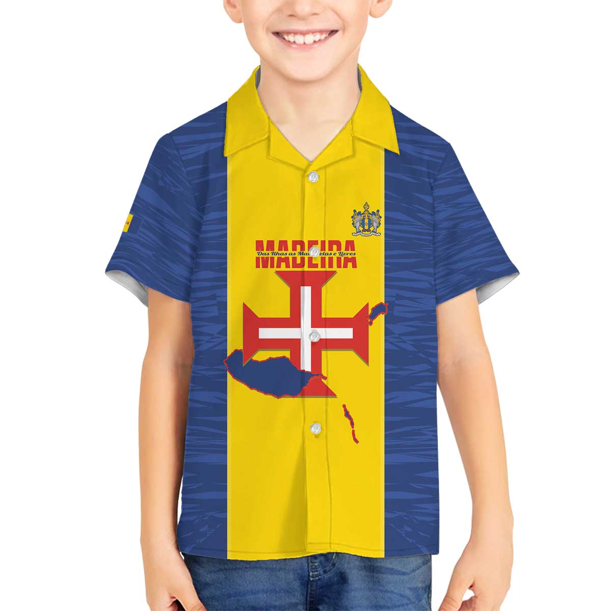 Maderia Day Family Matching Off The Shoulder Long Sleeve Dress and Hawaiian Shirt Pearl of the Atlantic Flag Style - Wonder Print Shop