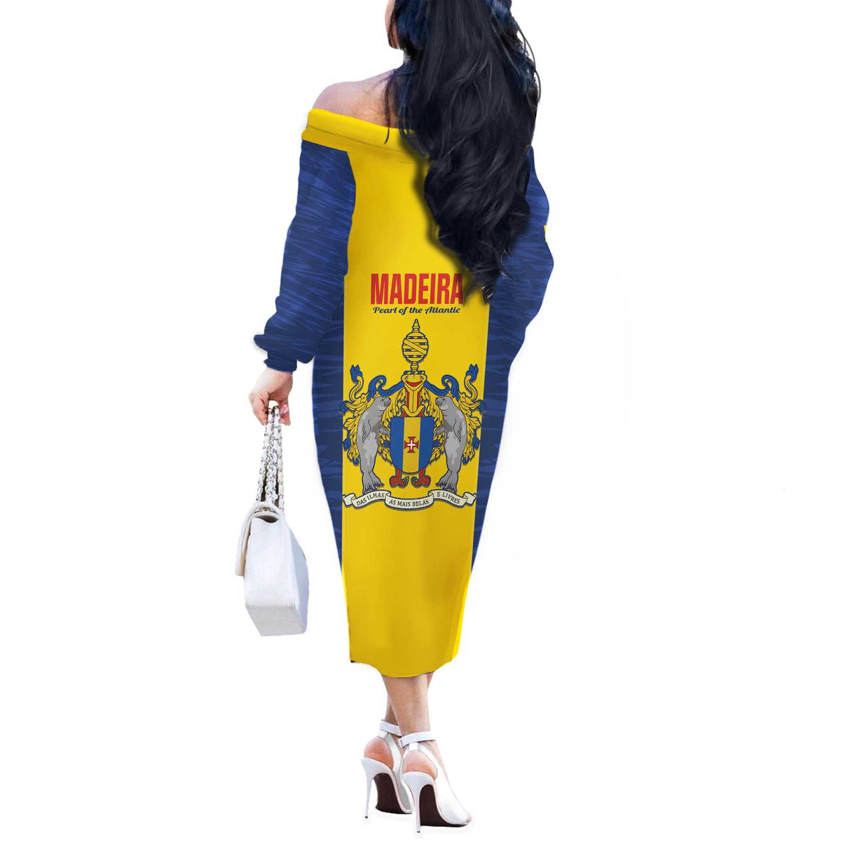 Maderia Day Off The Shoulder Long Sleeve Dress Pearl of the Atlantic Flag Style - Wonder Print Shop