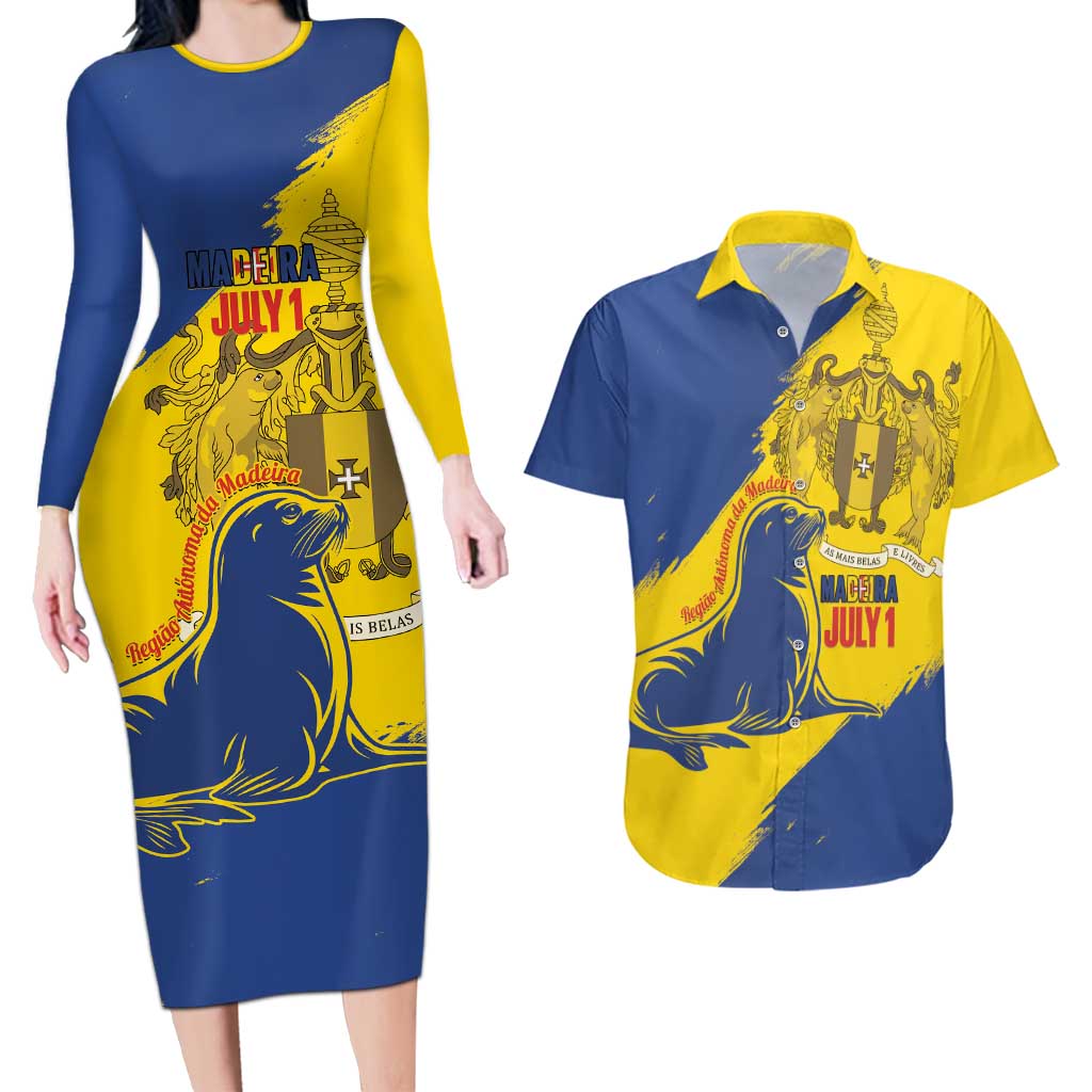 Personalised Maderia Day Couples Matching Long Sleeve Bodycon Dress and Hawaiian Shirt July 1 Monk Seal Grunge Style - Wonder Print Shop