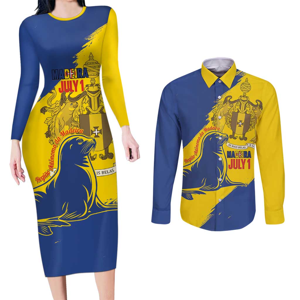 Personalised Maderia Day Couples Matching Long Sleeve Bodycon Dress and Long Sleeve Button Shirt July 1 Monk Seal Grunge Style - Wonder Print Shop