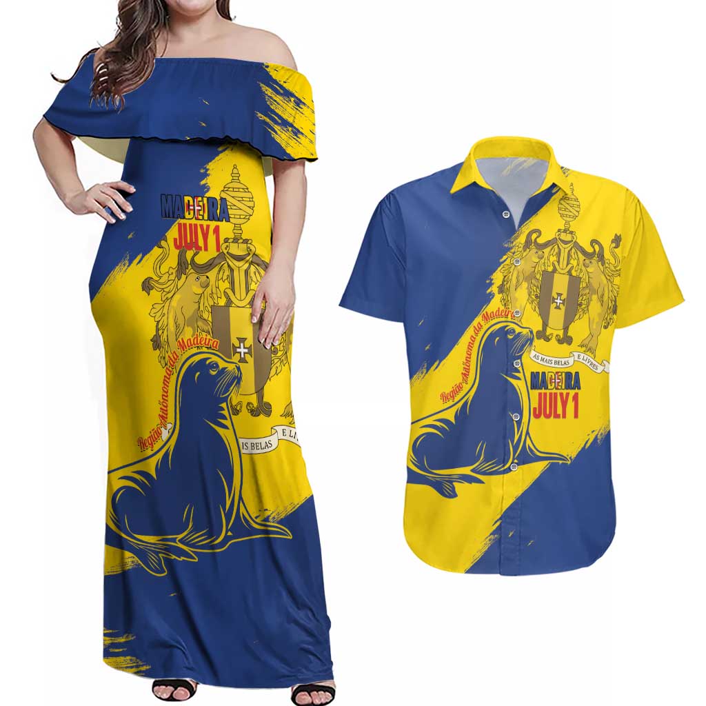 Personalised Maderia Day Couples Matching Off Shoulder Maxi Dress and Hawaiian Shirt July 1 Monk Seal Grunge Style - Wonder Print Shop