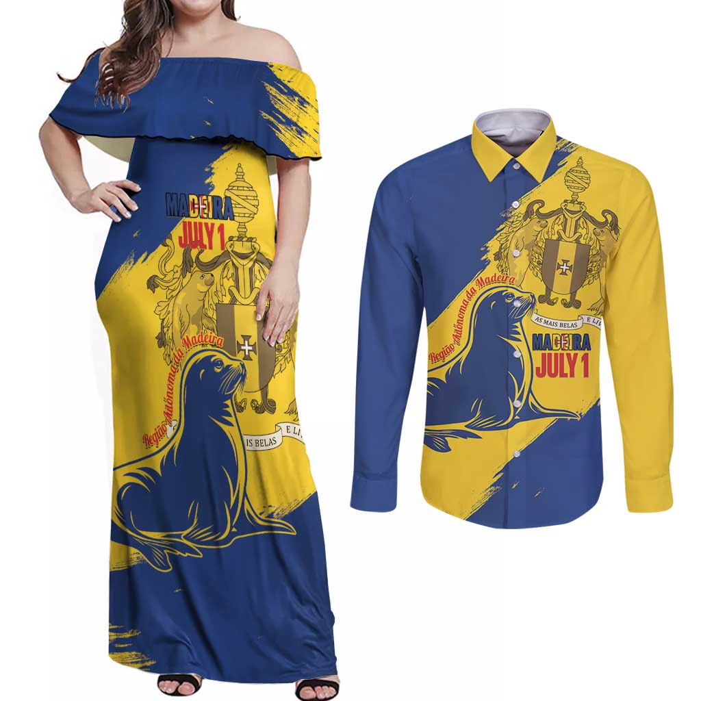 Personalised Maderia Day Couples Matching Off Shoulder Maxi Dress and Long Sleeve Button Shirt July 1 Monk Seal Grunge Style - Wonder Print Shop