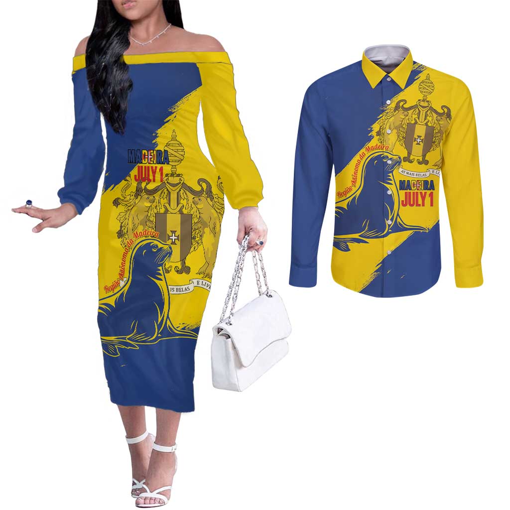 Personalised Maderia Day Couples Matching Off The Shoulder Long Sleeve Dress and Long Sleeve Button Shirt July 1 Monk Seal Grunge Style - Wonder Print Shop