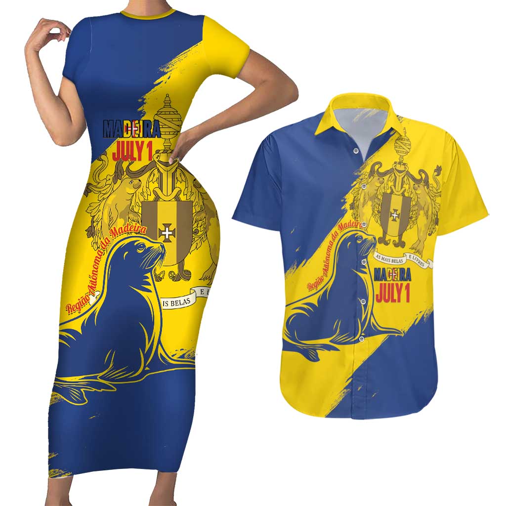 Personalised Maderia Day Couples Matching Short Sleeve Bodycon Dress and Hawaiian Shirt July 1 Monk Seal Grunge Style - Wonder Print Shop