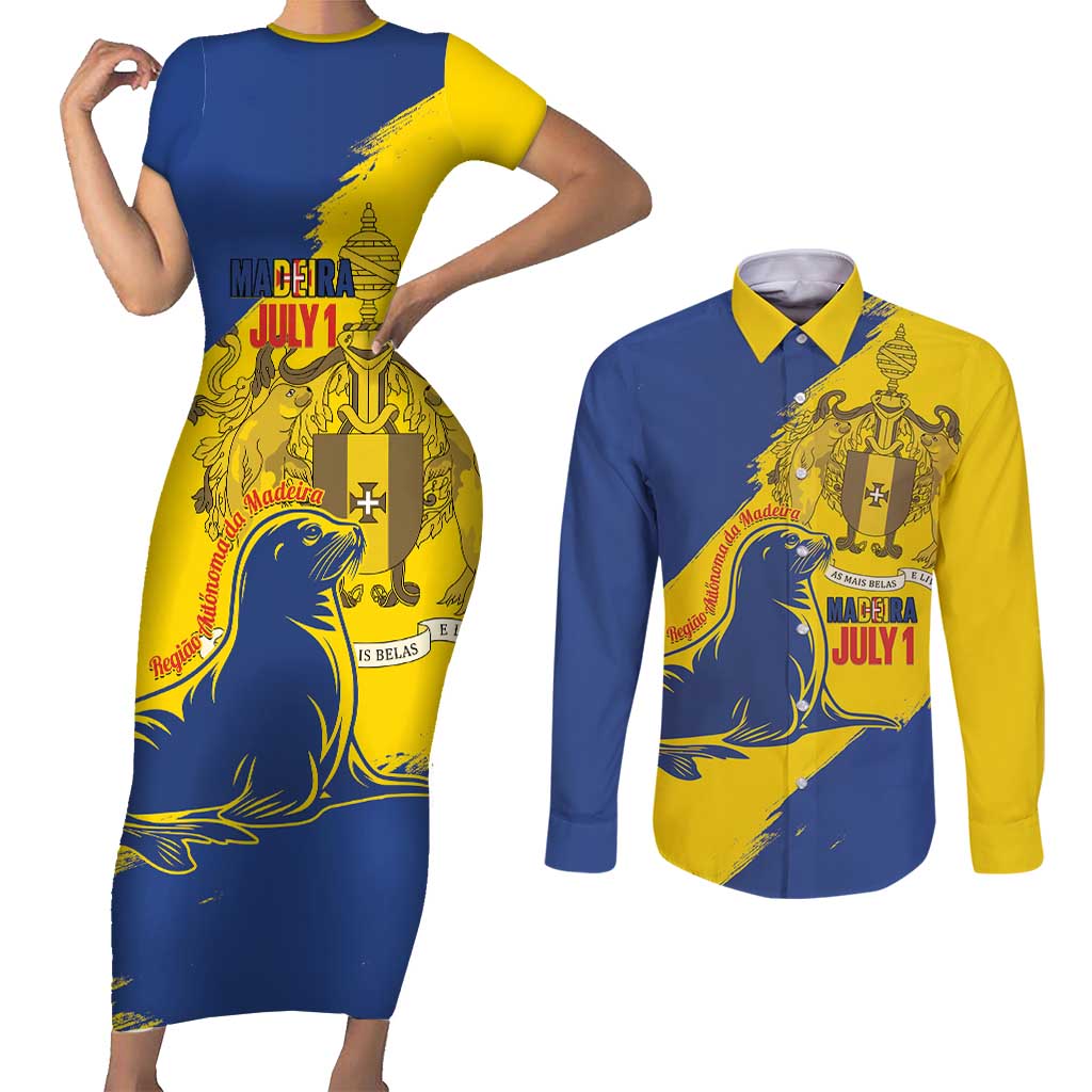Personalised Maderia Day Couples Matching Short Sleeve Bodycon Dress and Long Sleeve Button Shirt July 1 Monk Seal Grunge Style - Wonder Print Shop