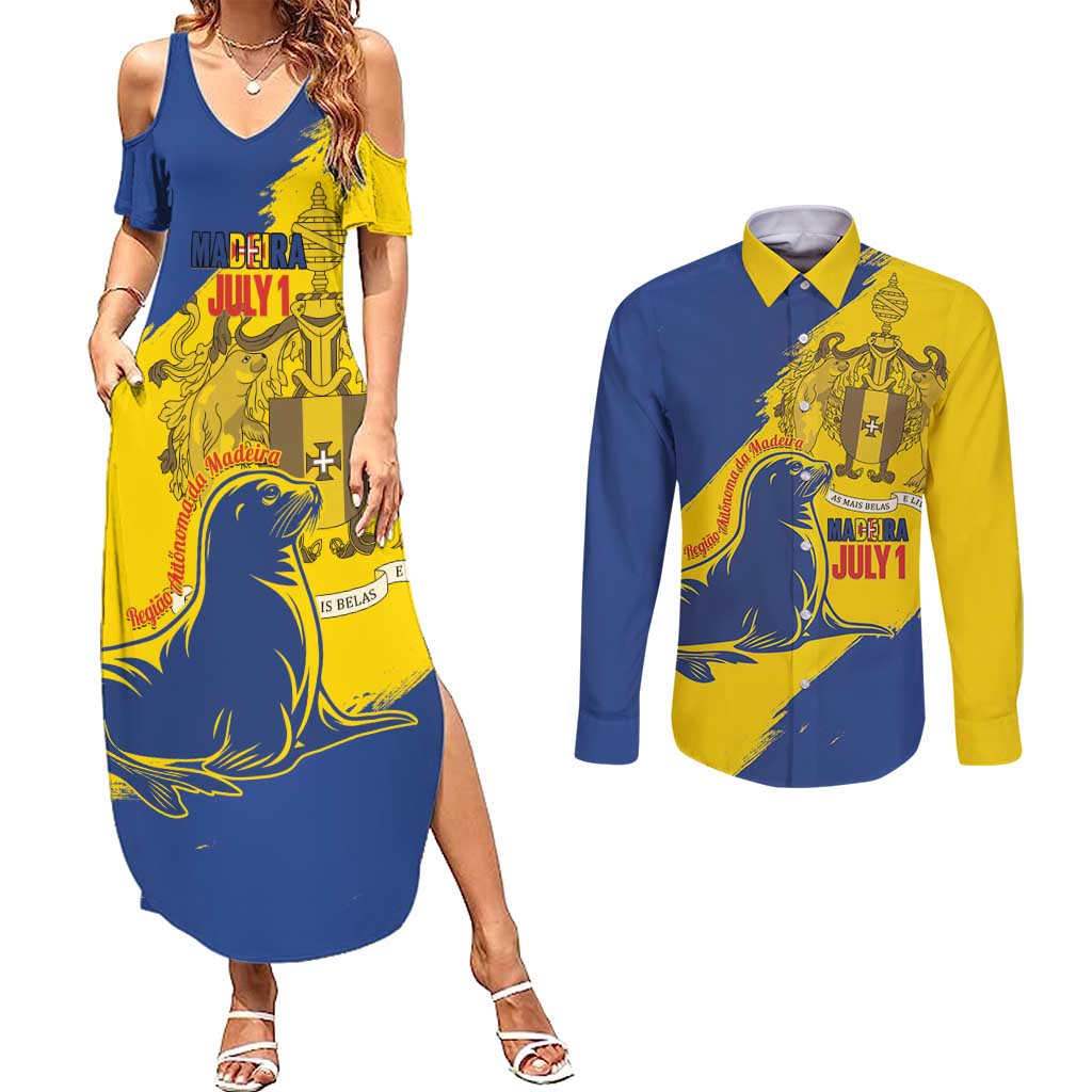 Personalised Maderia Day Couples Matching Summer Maxi Dress and Long Sleeve Button Shirt July 1 Monk Seal Grunge Style - Wonder Print Shop