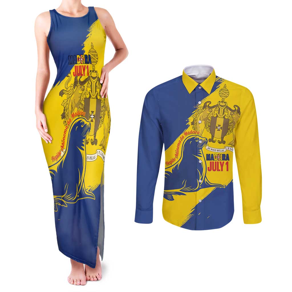 Personalised Maderia Day Couples Matching Tank Maxi Dress and Long Sleeve Button Shirt July 1 Monk Seal Grunge Style - Wonder Print Shop