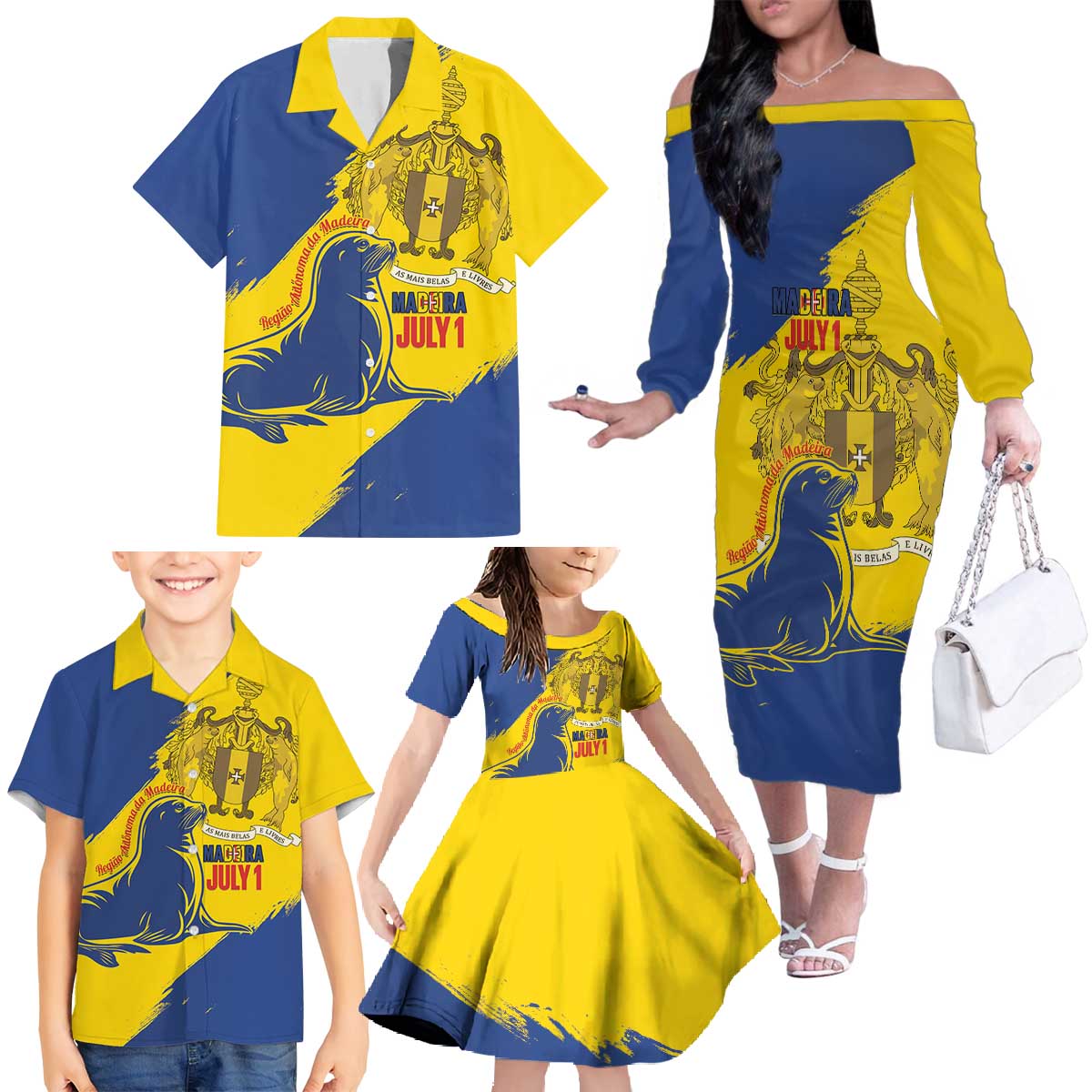 Personalised Maderia Day Family Matching Off The Shoulder Long Sleeve Dress and Hawaiian Shirt July 1 Monk Seal Grunge Style - Wonder Print Shop