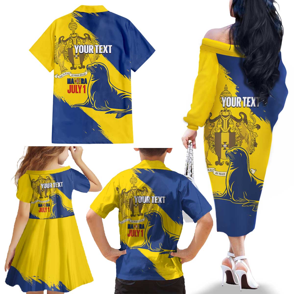 Personalised Maderia Day Family Matching Off The Shoulder Long Sleeve Dress and Hawaiian Shirt July 1 Monk Seal Grunge Style - Wonder Print Shop