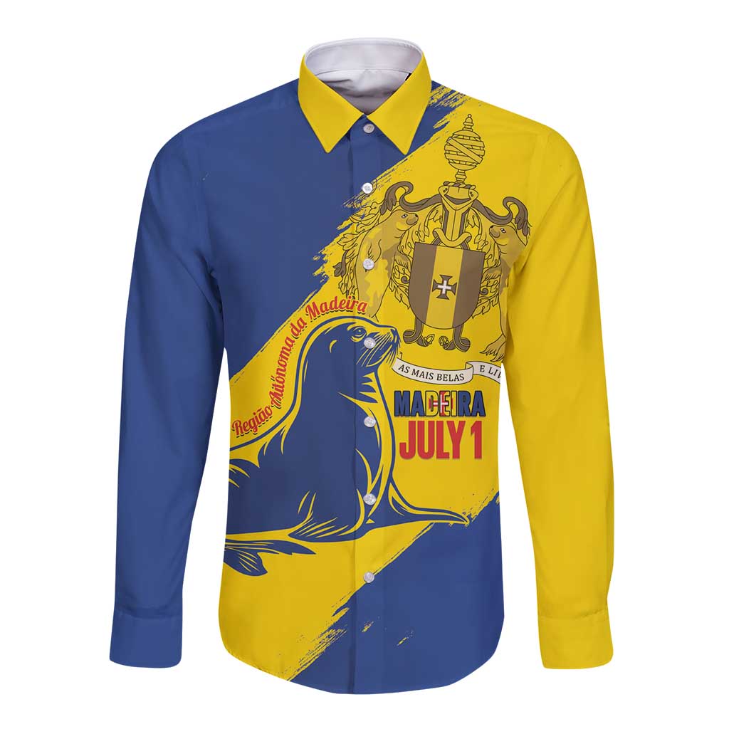 Personalised Maderia Day Long Sleeve Button Shirt July 1 Monk Seal Grunge Style - Wonder Print Shop