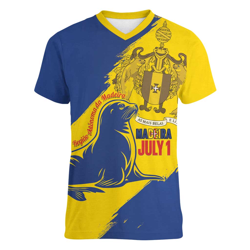 Personalised Maderia Day Women V-Neck T-Shirt July 1 Monk Seal Grunge Style - Wonder Print Shop