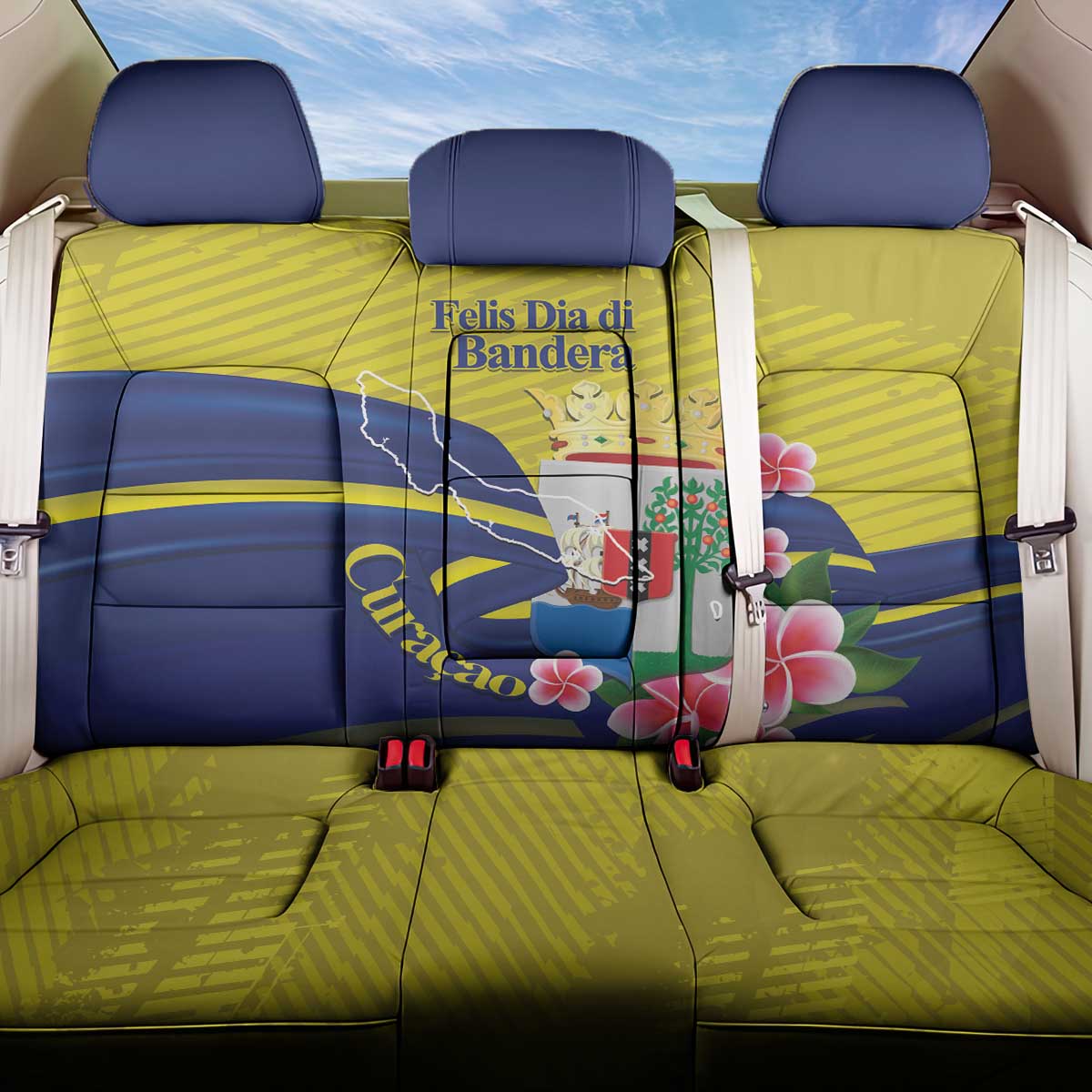 Curacao Flag Day Back Car Seat Cover Felis Dia di Bandera Pink Plumeria - Wonder Print Shop