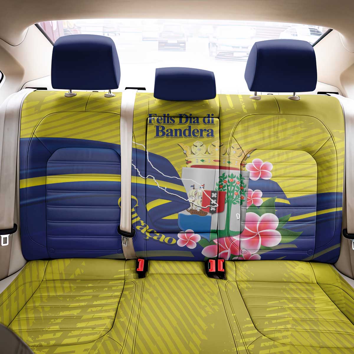 Curacao Flag Day Back Car Seat Cover Felis Dia di Bandera Pink Plumeria - Wonder Print Shop