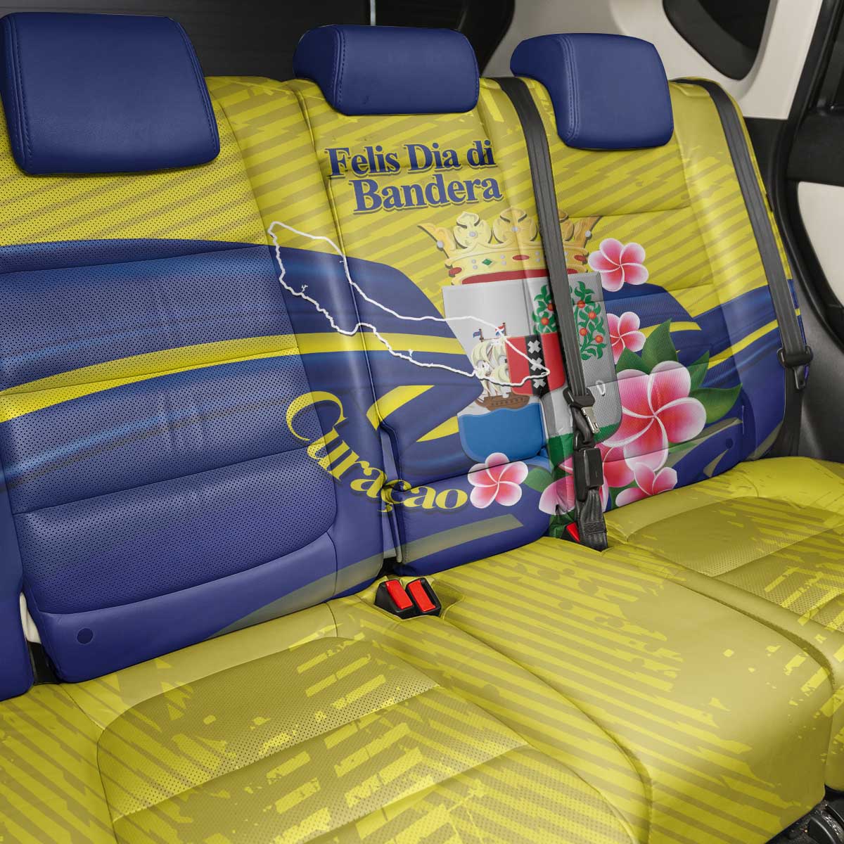 Curacao Flag Day Back Car Seat Cover Felis Dia di Bandera Pink Plumeria - Wonder Print Shop