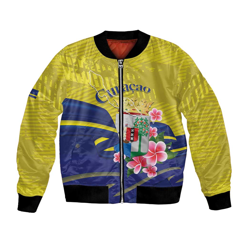 Curacao Flag Day Bomber Jacket Felis Dia di Bandera Pink Plumeria - Wonder Print Shop