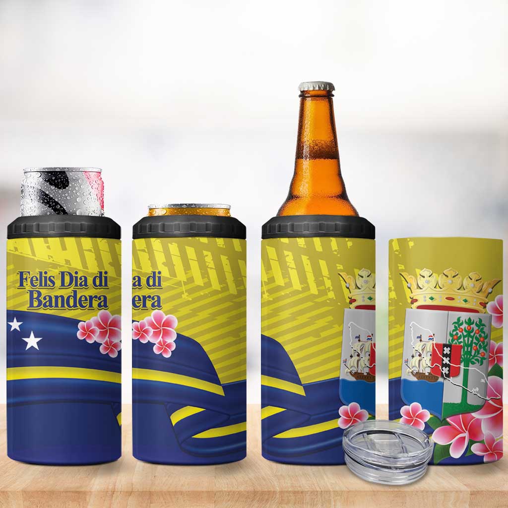Curacao Flag Day 4 in 1 Can Cooler Tumbler Felis Dia di Bandera Pink Plumeria - Wonder Print Shop