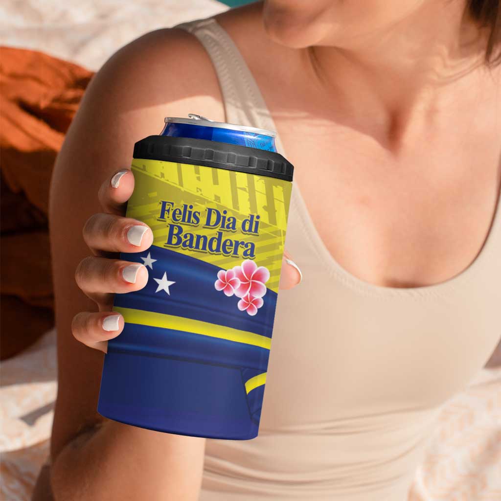 Curacao Flag Day 4 in 1 Can Cooler Tumbler Felis Dia di Bandera Pink Plumeria - Wonder Print Shop