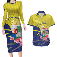 Curacao Flag Day Couples Matching Long Sleeve Bodycon Dress and Hawaiian Shirt Felis Dia di Bandera Pink Plumeria - Wonder Print Shop