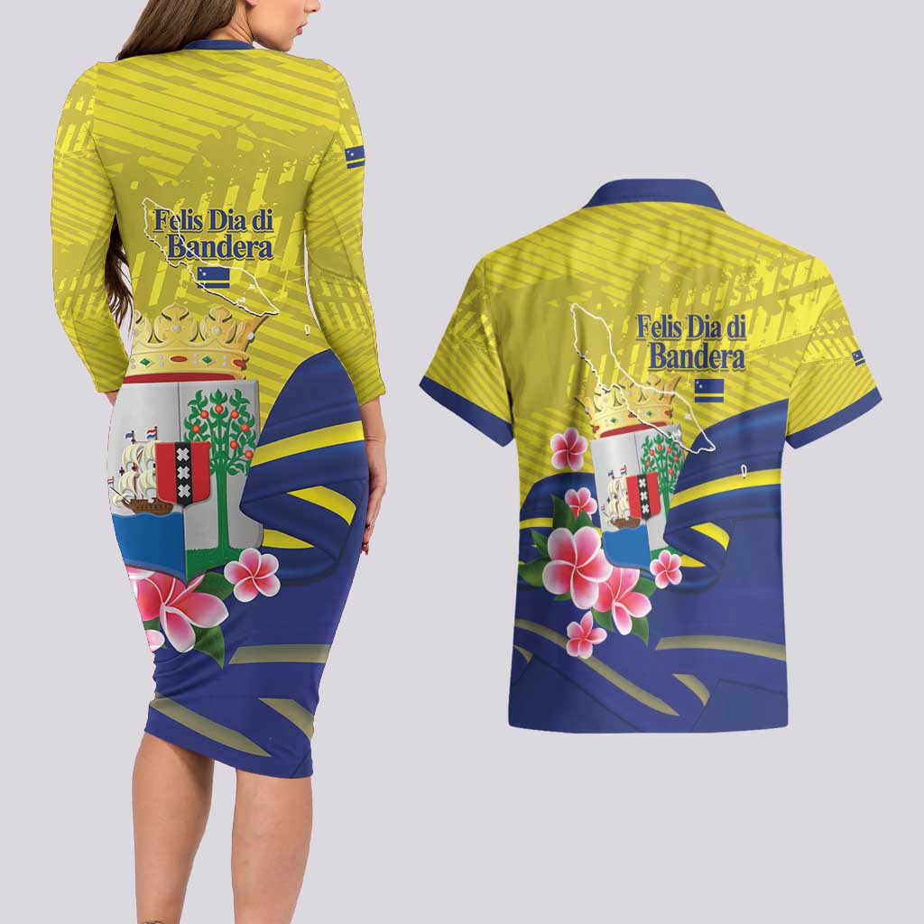 Curacao Flag Day Couples Matching Long Sleeve Bodycon Dress and Hawaiian Shirt Felis Dia di Bandera Pink Plumeria - Wonder Print Shop