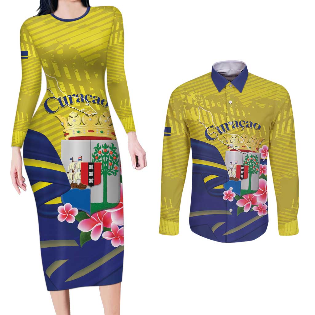 Curacao Flag Day Couples Matching Long Sleeve Bodycon Dress and Long Sleeve Button Shirt Felis Dia di Bandera Pink Plumeria - Wonder Print Shop