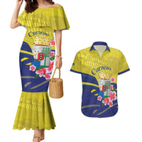 Curacao Flag Day Couples Matching Mermaid Dress and Hawaiian Shirt Felis Dia di Bandera Pink Plumeria - Wonder Print Shop