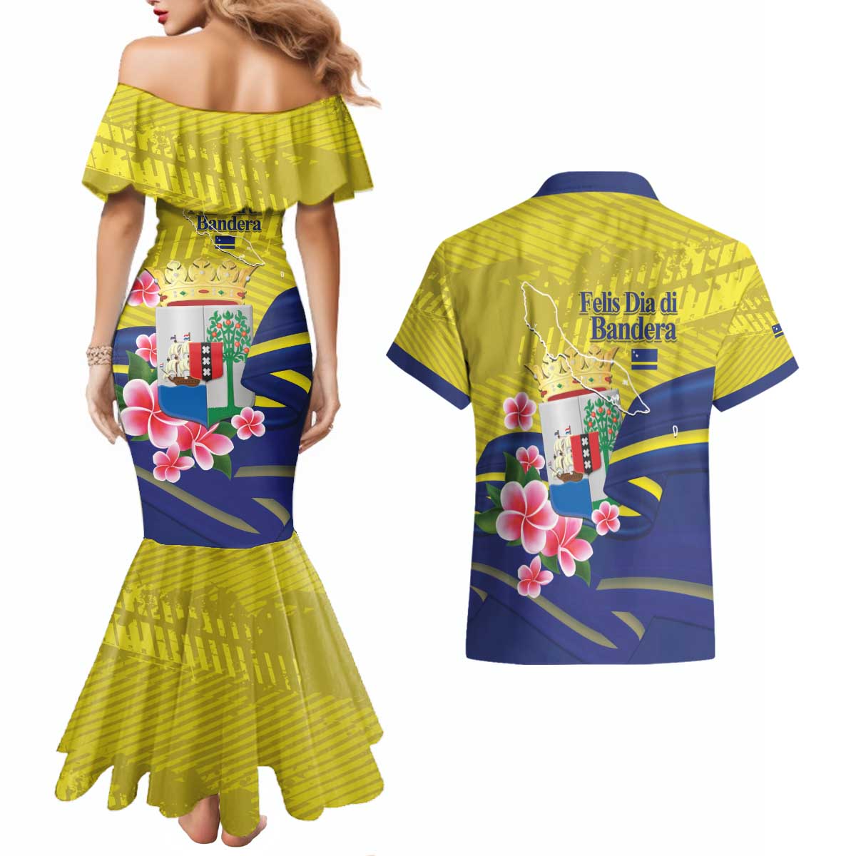 Curacao Flag Day Couples Matching Mermaid Dress and Hawaiian Shirt Felis Dia di Bandera Pink Plumeria - Wonder Print Shop