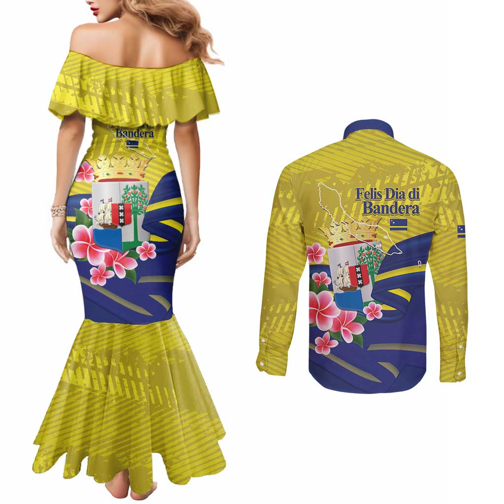Curacao Flag Day Couples Matching Mermaid Dress and Long Sleeve Button Shirt Felis Dia di Bandera Pink Plumeria - Wonder Print Shop