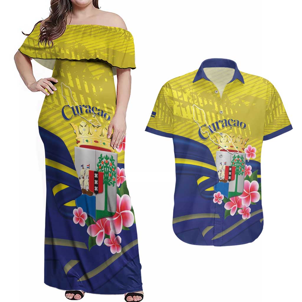Curacao Flag Day Couples Matching Off Shoulder Maxi Dress and Hawaiian Shirt Felis Dia di Bandera Pink Plumeria - Wonder Print Shop
