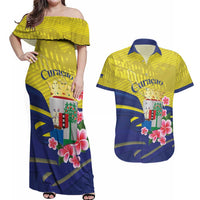 Curacao Flag Day Couples Matching Off Shoulder Maxi Dress and Hawaiian Shirt Felis Dia di Bandera Pink Plumeria - Wonder Print Shop
