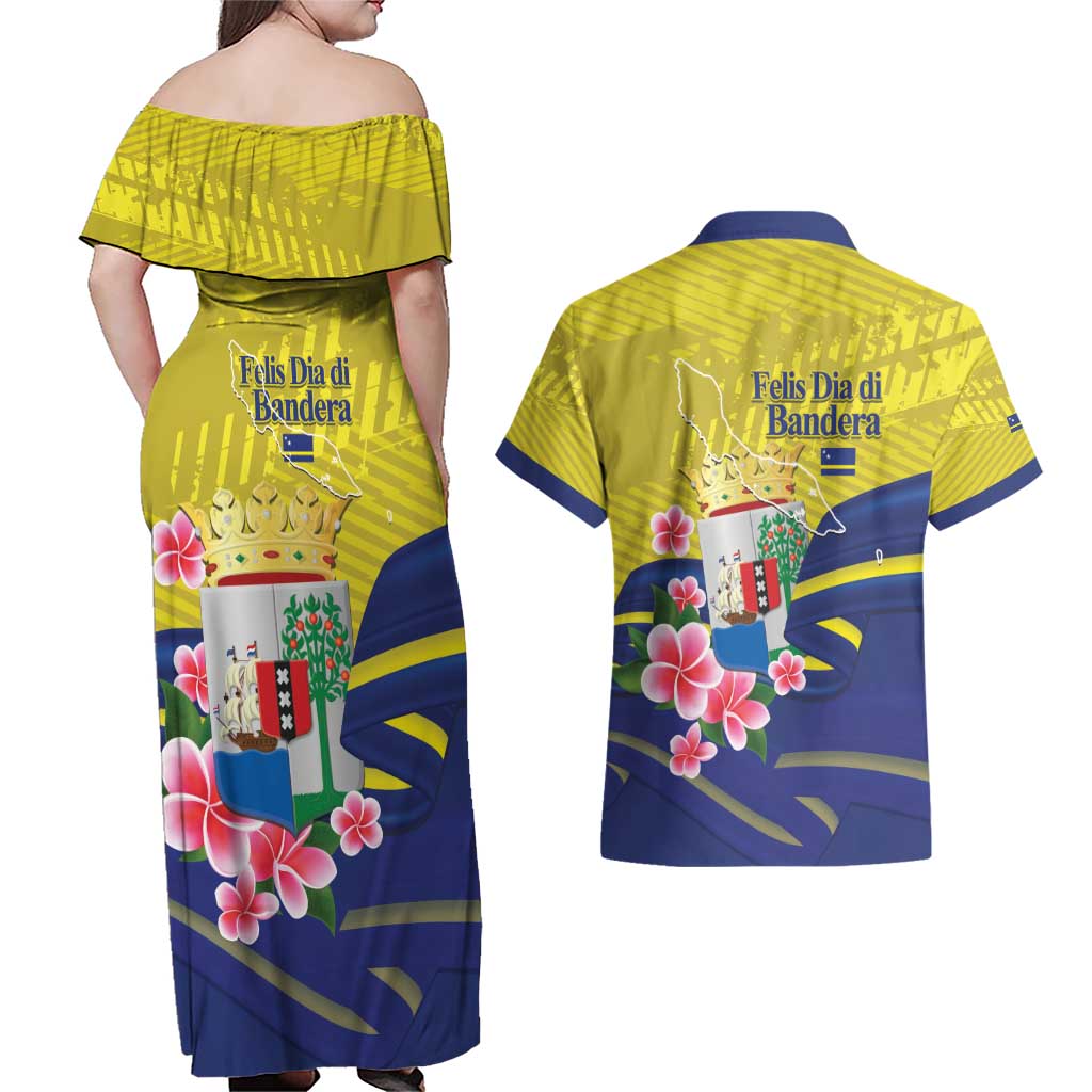 Curacao Flag Day Couples Matching Off Shoulder Maxi Dress and Hawaiian Shirt Felis Dia di Bandera Pink Plumeria - Wonder Print Shop