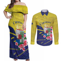 Curacao Flag Day Couples Matching Off Shoulder Maxi Dress and Long Sleeve Button Shirt Felis Dia di Bandera Pink Plumeria - Wonder Print Shop