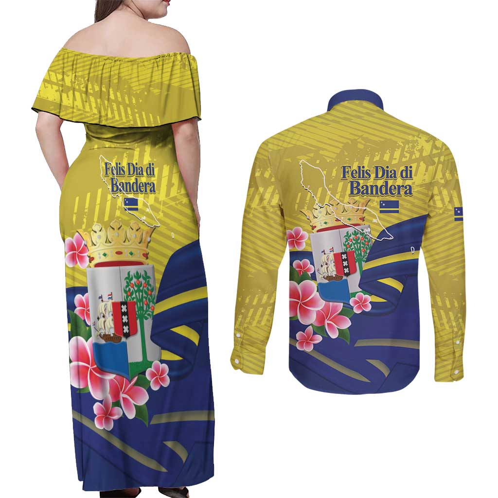 Curacao Flag Day Couples Matching Off Shoulder Maxi Dress and Long Sleeve Button Shirt Felis Dia di Bandera Pink Plumeria - Wonder Print Shop