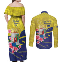 Curacao Flag Day Couples Matching Off Shoulder Maxi Dress and Long Sleeve Button Shirt Felis Dia di Bandera Pink Plumeria - Wonder Print Shop