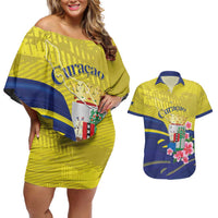 Curacao Flag Day Couples Matching Off Shoulder Short Dress and Hawaiian Shirt Felis Dia di Bandera Pink Plumeria - Wonder Print Shop