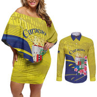 Curacao Flag Day Couples Matching Off Shoulder Short Dress and Long Sleeve Button Shirt Felis Dia di Bandera Pink Plumeria - Wonder Print Shop