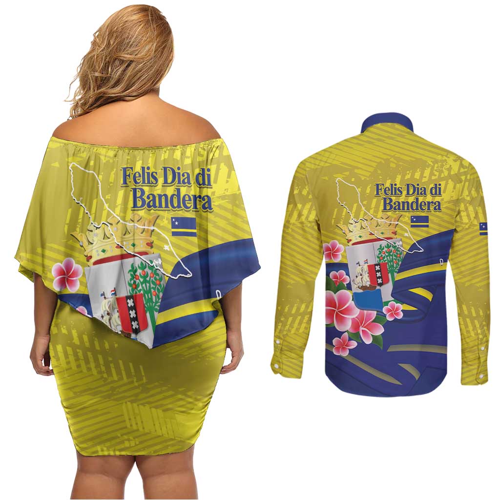 Curacao Flag Day Couples Matching Off Shoulder Short Dress and Long Sleeve Button Shirt Felis Dia di Bandera Pink Plumeria - Wonder Print Shop