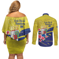 Curacao Flag Day Couples Matching Off Shoulder Short Dress and Long Sleeve Button Shirt Felis Dia di Bandera Pink Plumeria - Wonder Print Shop